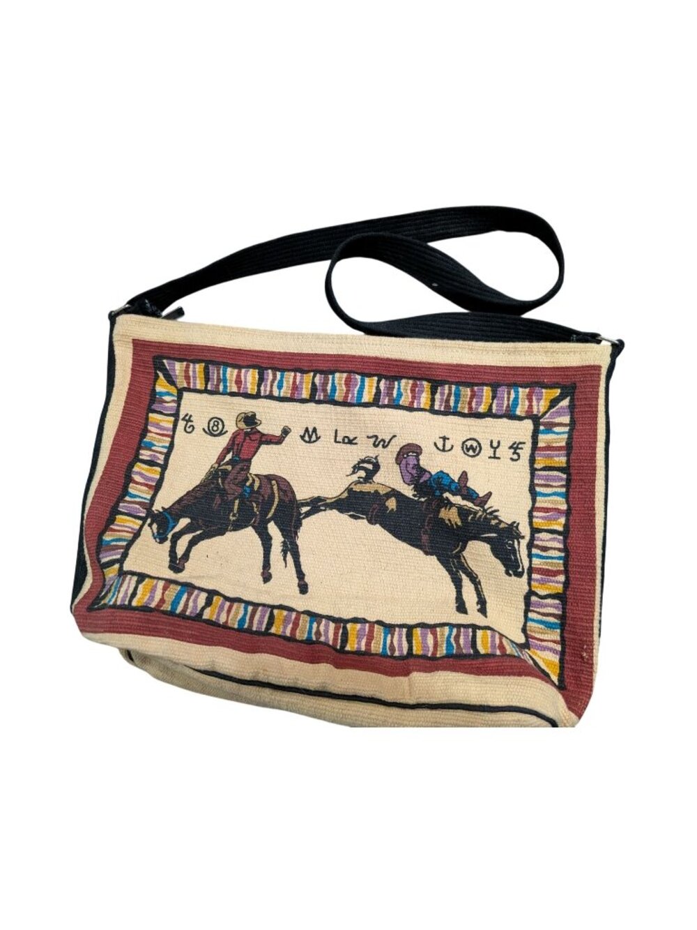 Cowboy Rodeo Cotton Canvas Shoulder Bag w/ Ranch Symbols Western Design